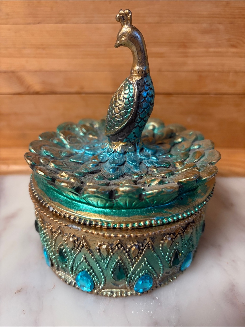 Turquoise & Gold Peacock Trinket Box